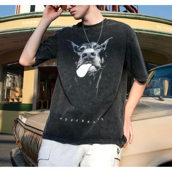 Dobermann Dog Acid wash oversized Print T-Shirt Black Acid Wash Men's Tee - Picture 7 of 8